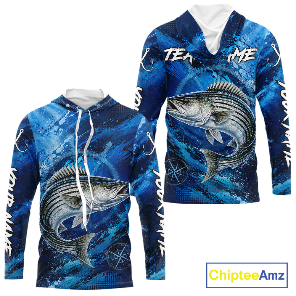 Custom Striped Bass Fishing Jersey, Personalized Long Sleeve Hooded Performance Fishing Shirt