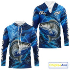 Custom Striped Bass Fishing Jersey, Personalized Long Sleeve Hooded Performance Fishing Shirt