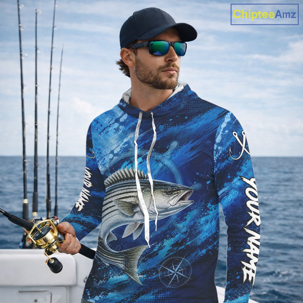 Custom Striped Bass Fishing Jersey, Personalized Long Sleeve Hooded Performance Fishing Shirt