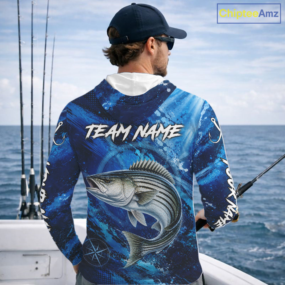 Custom Striped Bass Fishing Jersey, Personalized Long Sleeve Hooded Performance Fishing Shirt