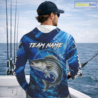 Custom Striped Bass Fishing Jersey, Personalized Long Sleeve Hooded Performance Fishing Shirt