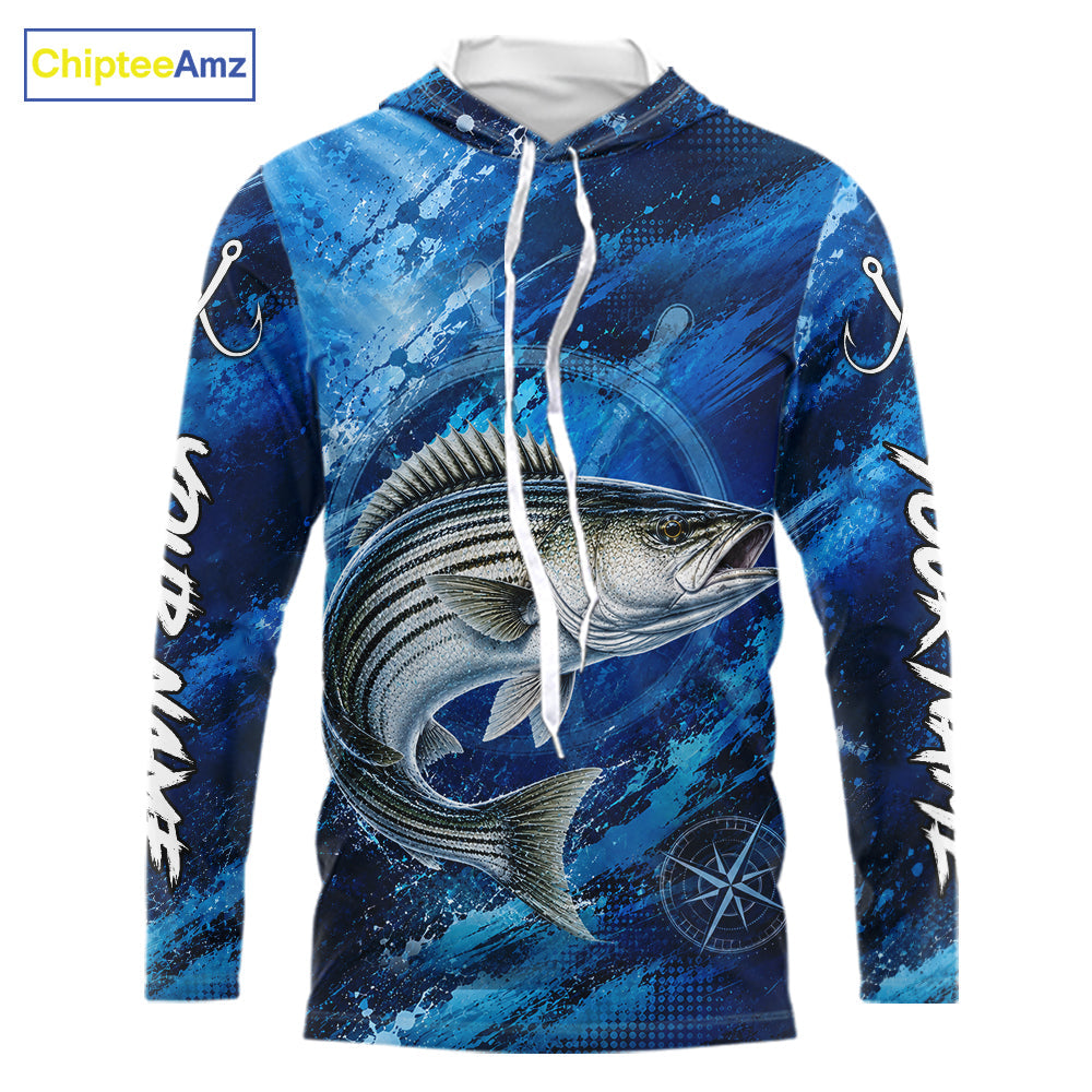 Custom Striped Bass Fishing Jersey, Personalized Long Sleeve Hooded Performance Fishing Shirt