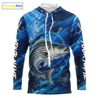 Custom Striped Bass Fishing Jersey, Personalized Long Sleeve Hooded Performance Fishing Shirt
