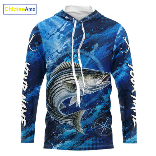 Custom Striped Bass Fishing Jersey, Personalized Long Sleeve Hooded Performance Fishing Shirt