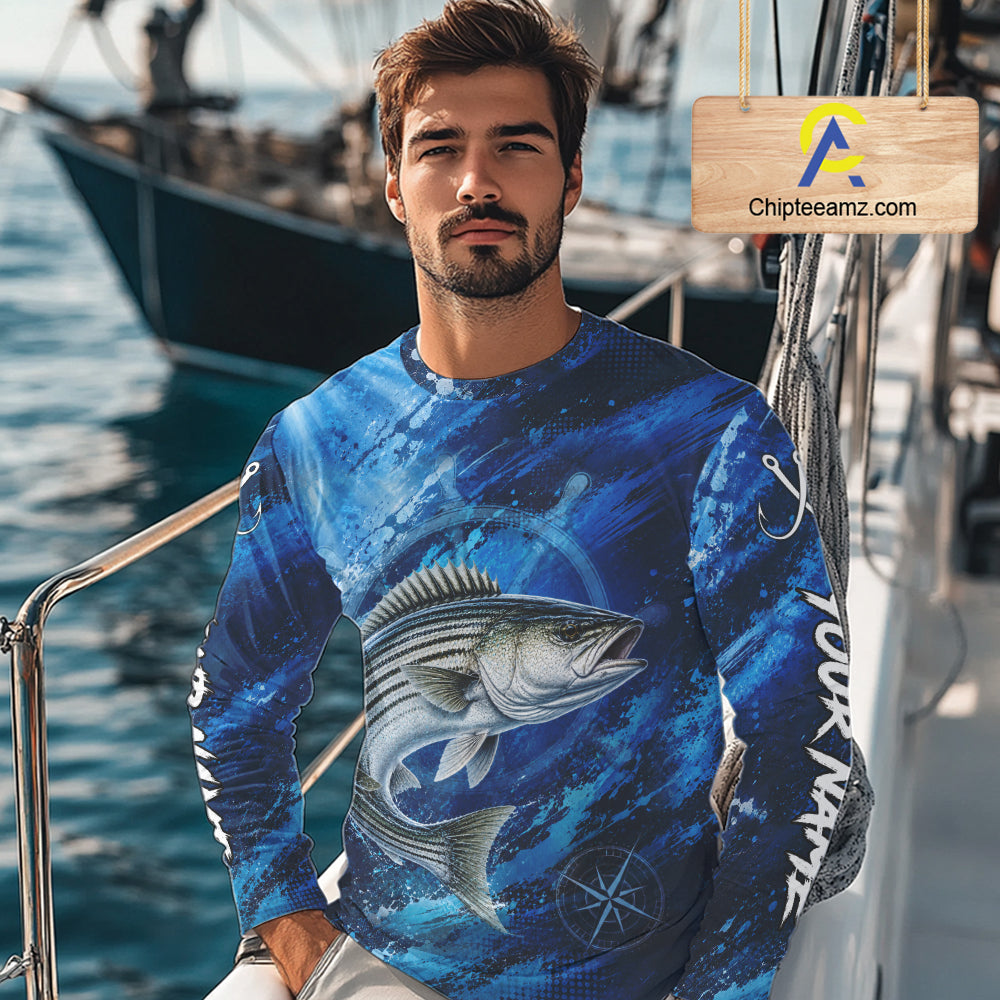 Custom Striped Bass Fishing Jersey, Personalized Long Sleeve Performance Fishing Shirt