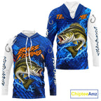 Largemouth Bass Fishing Blue Camo Long Sleeve Hooded Performance Fishing Shirt Custom Bass Fishing Jerseys