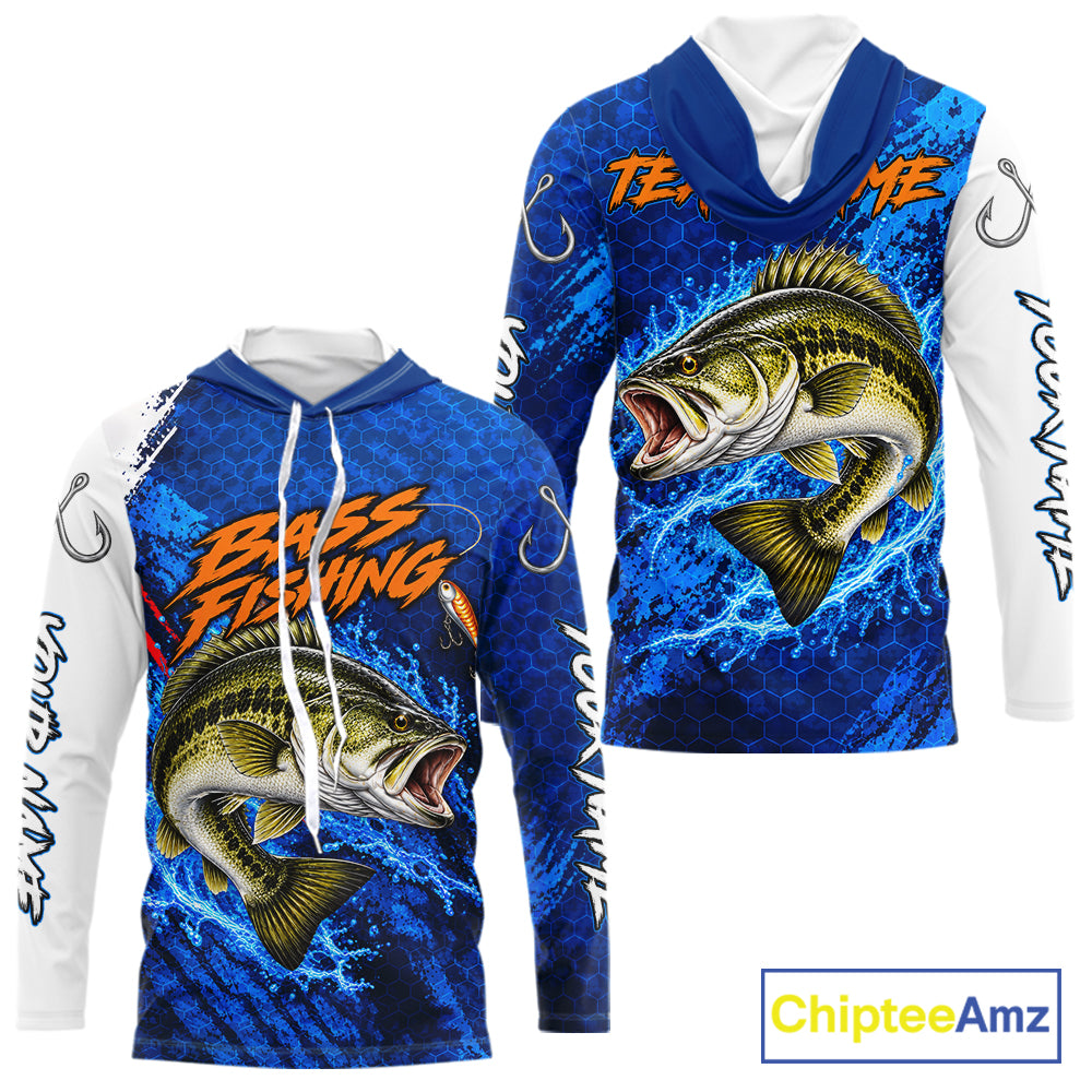 Largemouth Bass Fishing Blue Camo Long Sleeve Hooded Performance Fishing Shirt Custom Bass Fishing Jerseys