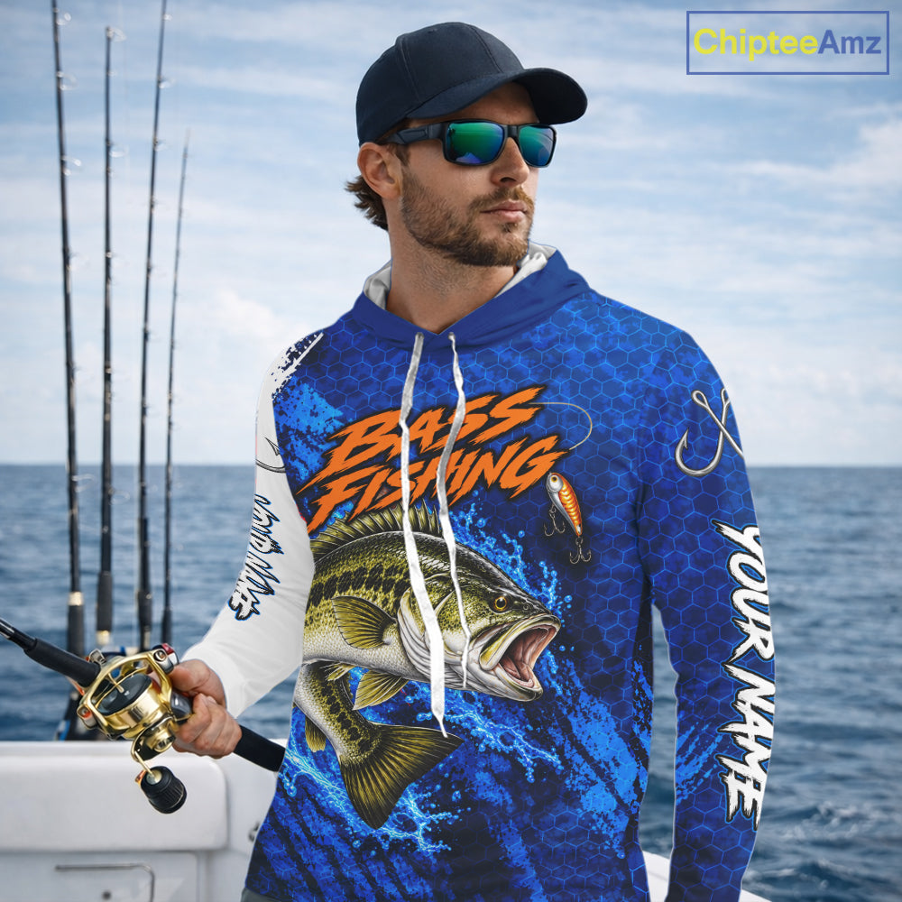 Largemouth Bass Fishing Blue Camo Long Sleeve Hooded Performance Fishing Shirt Custom Bass Fishing Jerseys