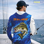 Largemouth Bass Fishing Blue Camo Long Sleeve Hooded Performance Fishing Shirt Custom Bass Fishing Jerseys