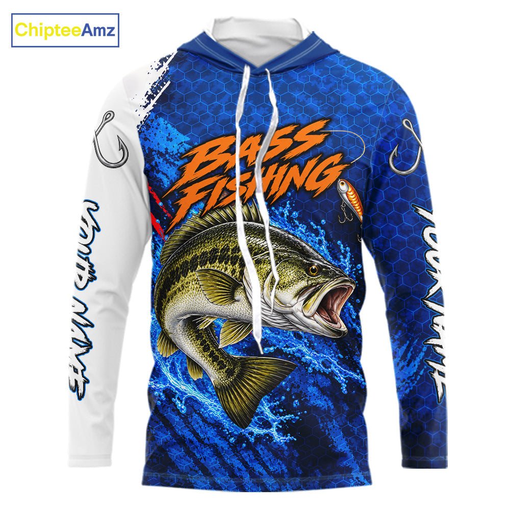 Largemouth Bass Fishing Blue Camo Long Sleeve Hooded Performance Fishing Shirt Custom Bass Fishing Jerseys
