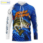 Largemouth Bass Fishing Blue Camo Long Sleeve Hooded Performance Fishing Shirt Custom Bass Fishing Jerseys