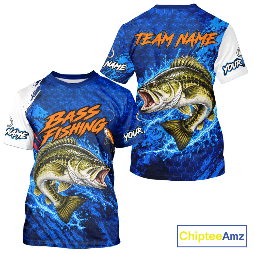 Largemouth Bass Fishing Blue Camo Performance Fishing T-Shirt Custom Bass Fishing Jerseys