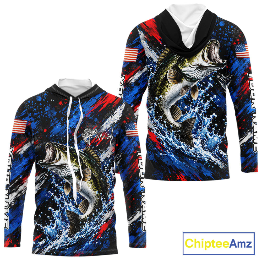 Largemouth Bass Fishing Shirt Custom US Flag Splash Water Long Sleeve Hooded Apparel