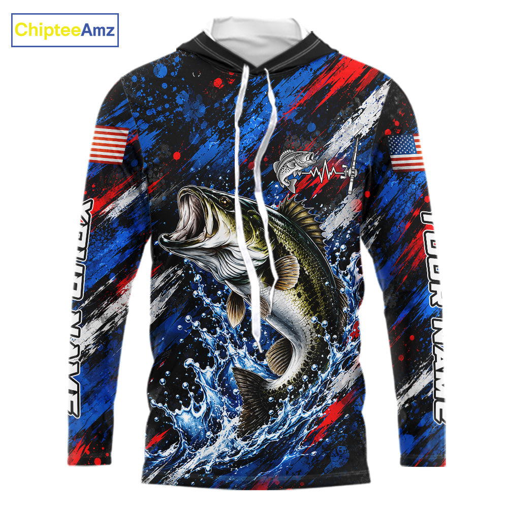 Largemouth Bass Fishing Shirt Custom US Flag Splash Water Long Sleeve Hooded Apparel