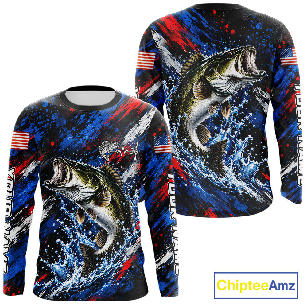 Largemouth Bass Fishing Shirt Custom US Flag Splash Water Long Sleeve Apparel