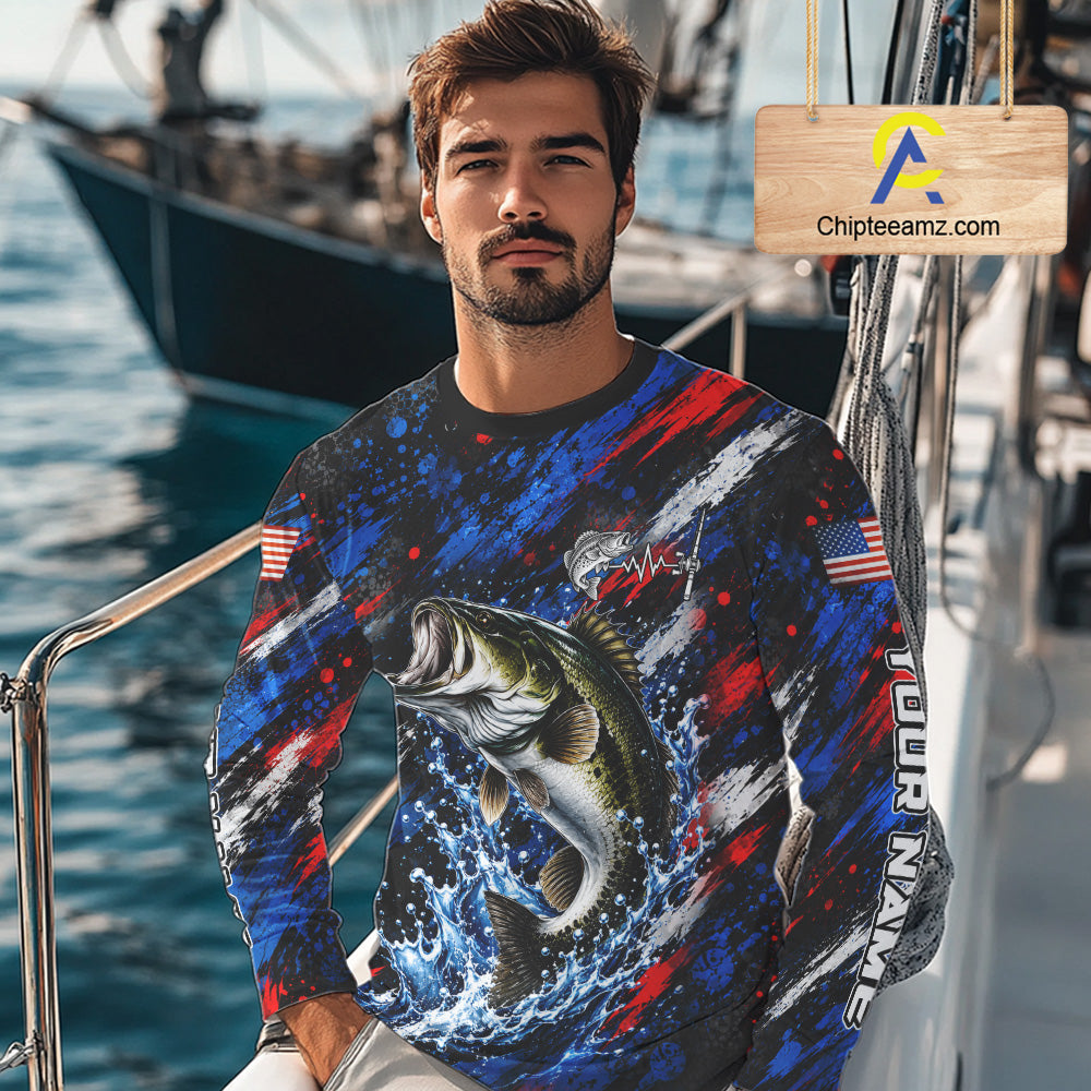 Largemouth Bass Fishing Shirt Custom US Flag Splash Water Long Sleeve Apparel