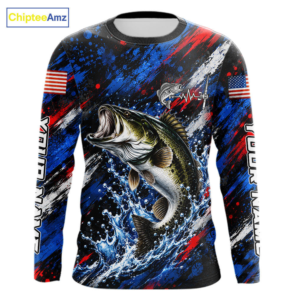 Largemouth Bass Fishing Shirt Custom US Flag Splash Water Long Sleeve Apparel