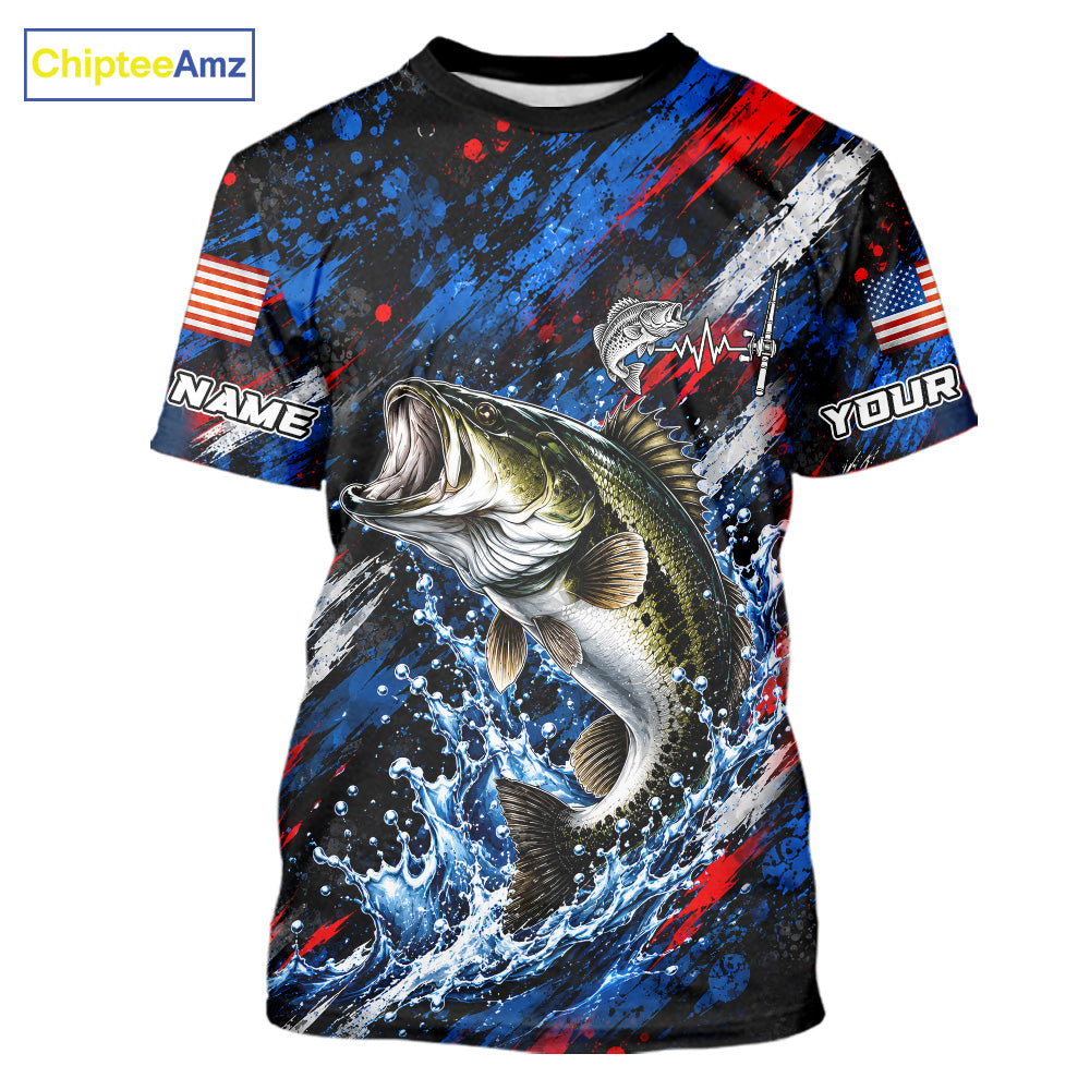 Largemouth Bass Fishing Shirt Custom US Flag Splash Water Short Sleeve Apparel