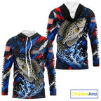 Crappie Fishing Shirt Custom US Flag Splash Water Long Sleeve Hooded Apparel