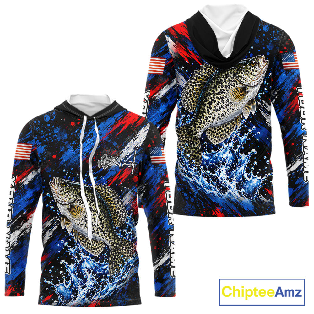 Crappie Fishing Shirt Custom US Flag Splash Water Long Sleeve Hooded Apparel