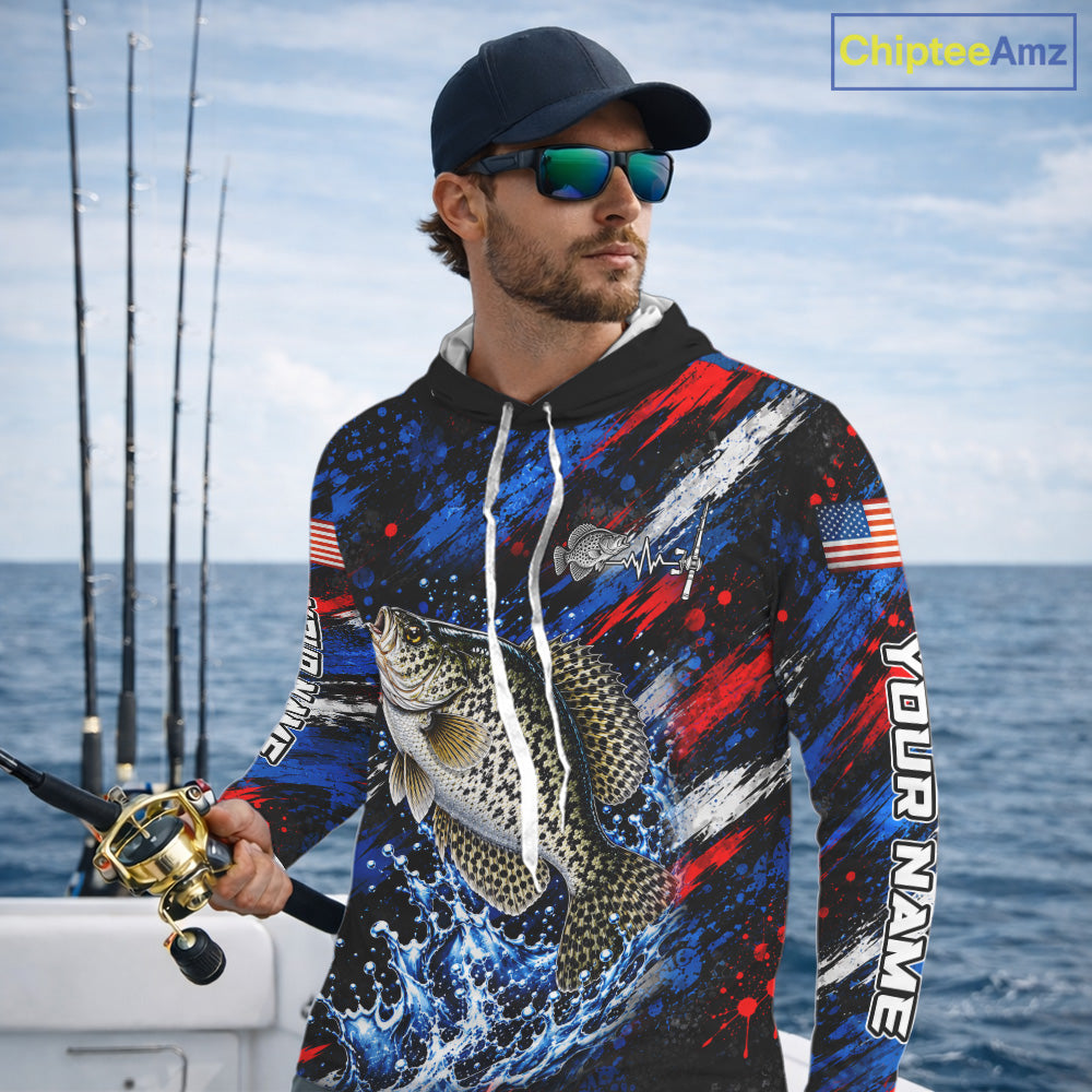 Crappie Fishing Shirt Custom US Flag Splash Water Long Sleeve Hooded Apparel