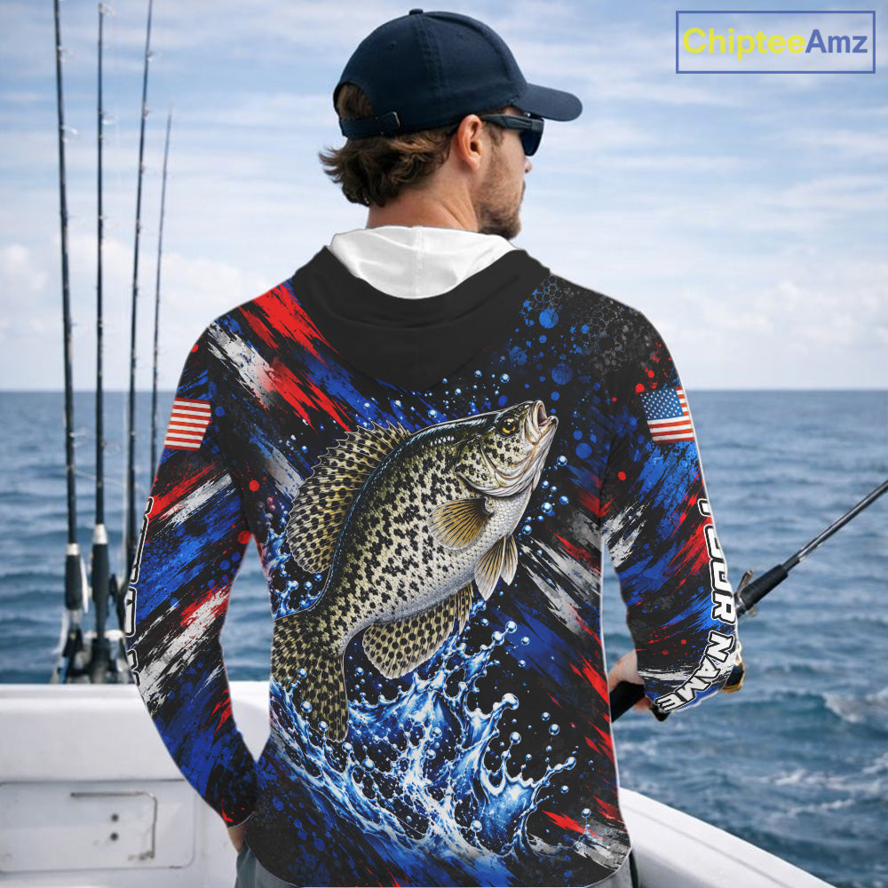 Crappie Fishing Shirt Custom US Flag Splash Water Long Sleeve Hooded Apparel