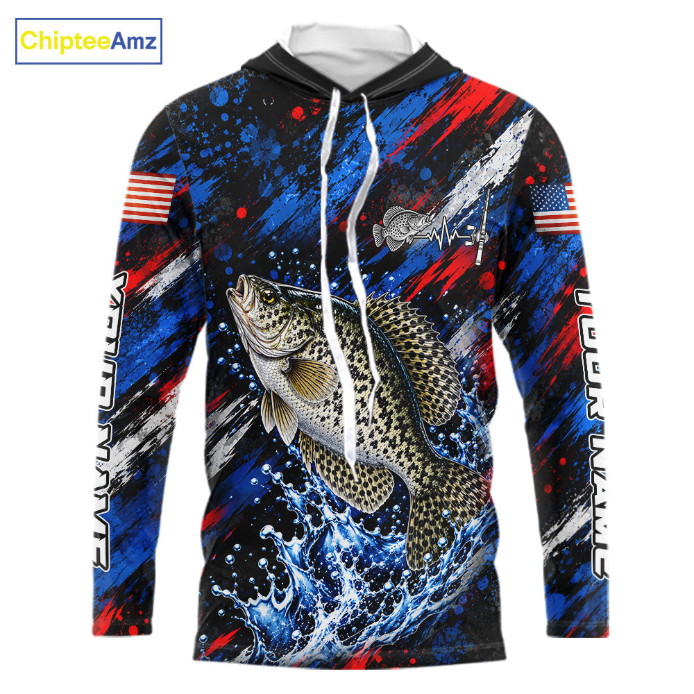 Crappie Fishing Shirt Custom US Flag Splash Water Long Sleeve Hooded Apparel