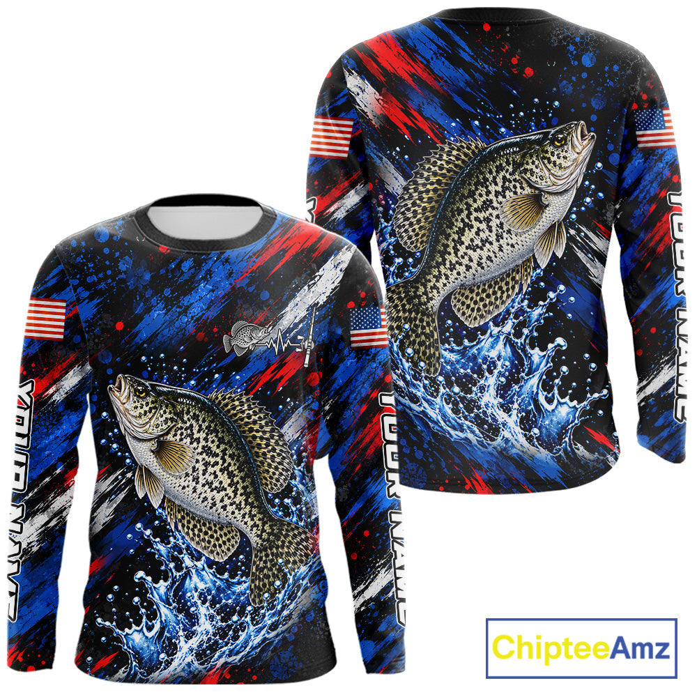 Crappie Fishing Shirt Custom US Flag Splash Water Long Sleeve Apparel