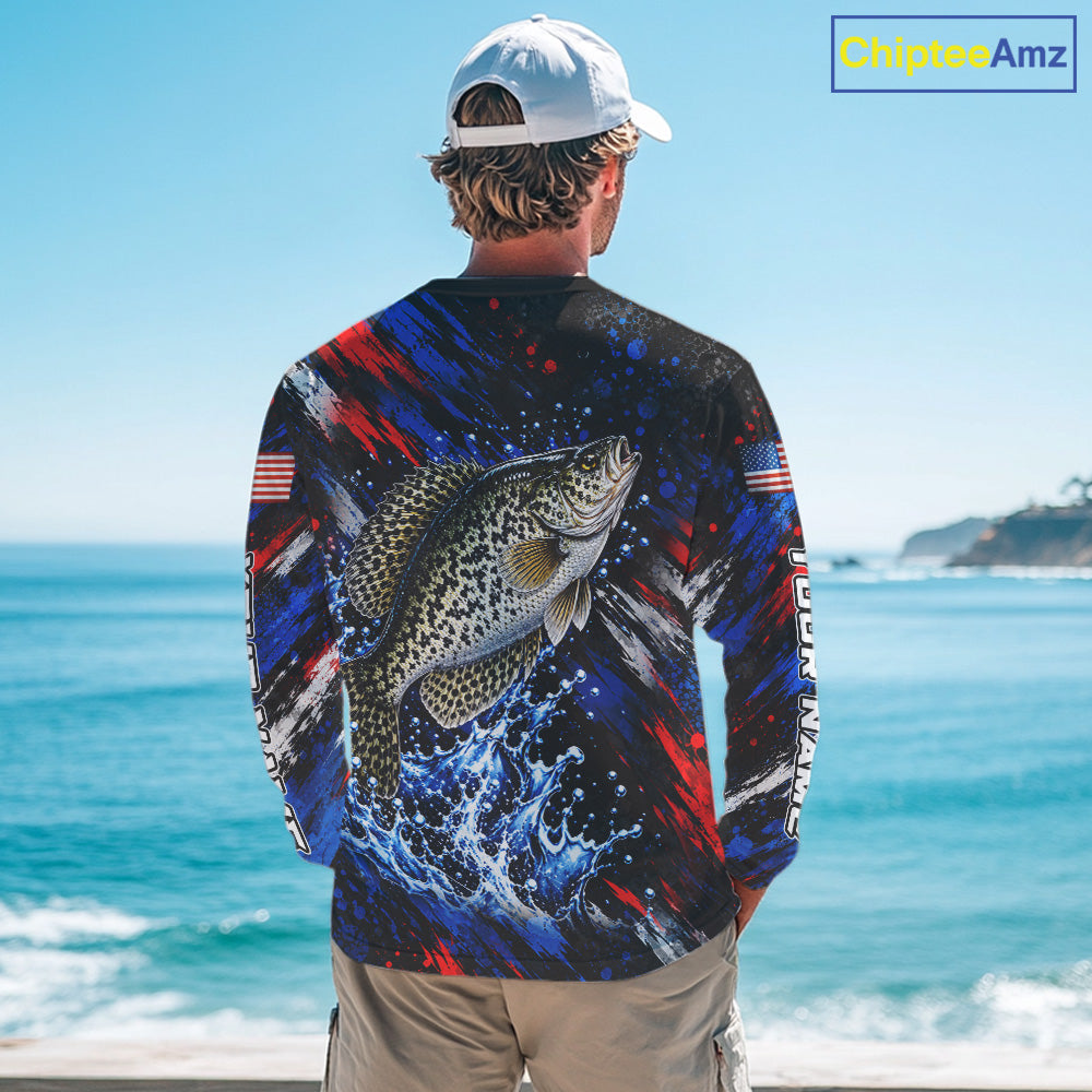 Crappie Fishing Shirt Custom US Flag Splash Water Long Sleeve Apparel