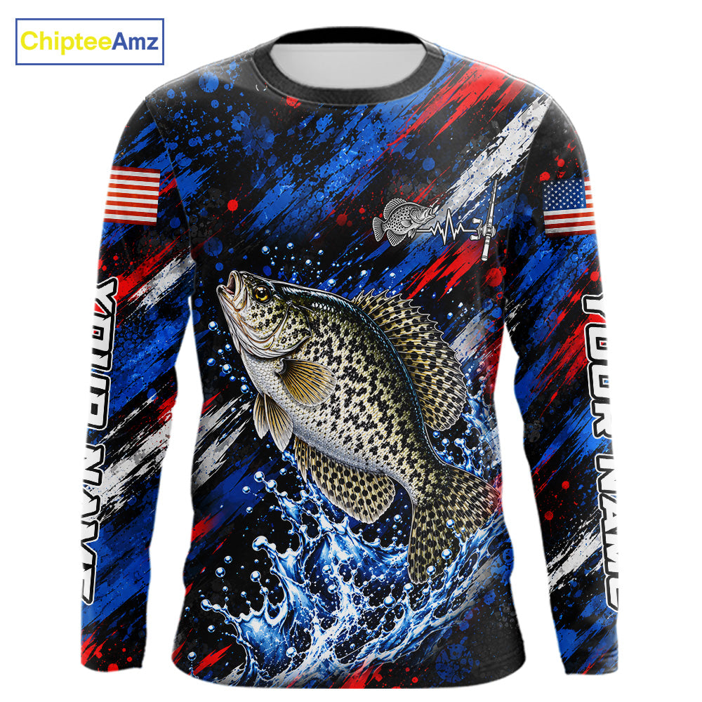 Crappie Fishing Shirt Custom US Flag Splash Water Long Sleeve Apparel