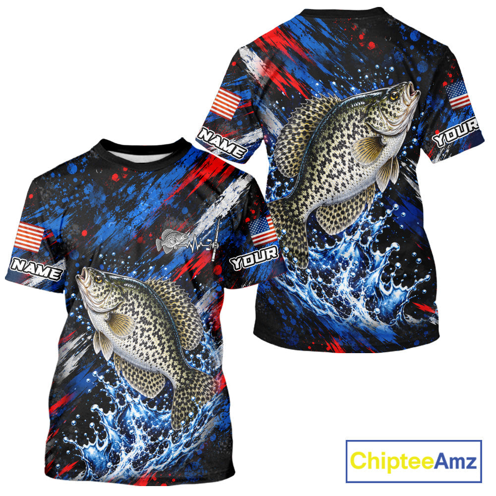 Crappie Fishing Shirt Custom US Flag Splash Water Short Sleeve Apparel