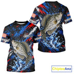 Crappie Fishing Shirt Custom US Flag Splash Water Short Sleeve Apparel