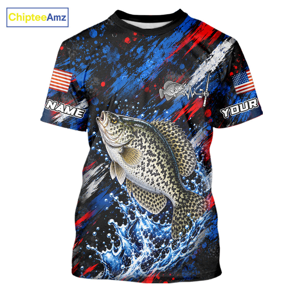 Crappie Fishing Shirt Custom US Flag Splash Water Short Sleeve Apparel