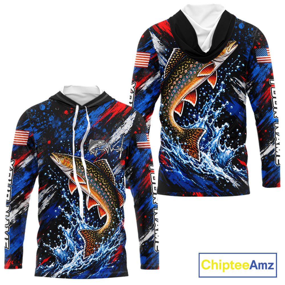 Brook Trout Fishing Shirt Custom US Flag Splash Water Long Sleeve Hooded Apparel