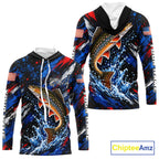Brook Trout Fishing Shirt Custom US Flag Splash Water Long Sleeve Hooded Apparel