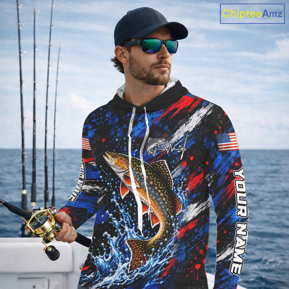 Brook Trout Fishing Shirt Custom US Flag Splash Water Long Sleeve Hooded Apparel