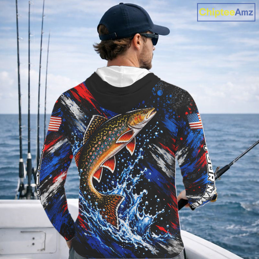 Brook Trout Fishing Shirt Custom US Flag Splash Water Long Sleeve Hooded Apparel