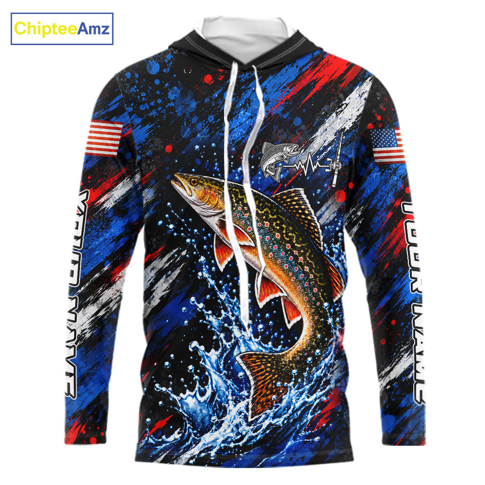 Brook Trout Fishing Shirt Custom US Flag Splash Water Long Sleeve Hooded Apparel