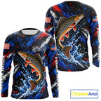 Brook Trout Fishing Shirt Custom US Flag Splash Water Long Sleeve Apparel