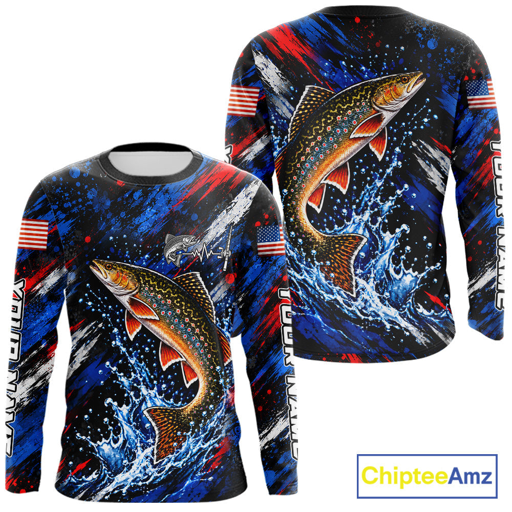 Brook Trout Fishing Shirt Custom US Flag Splash Water Long Sleeve Apparel