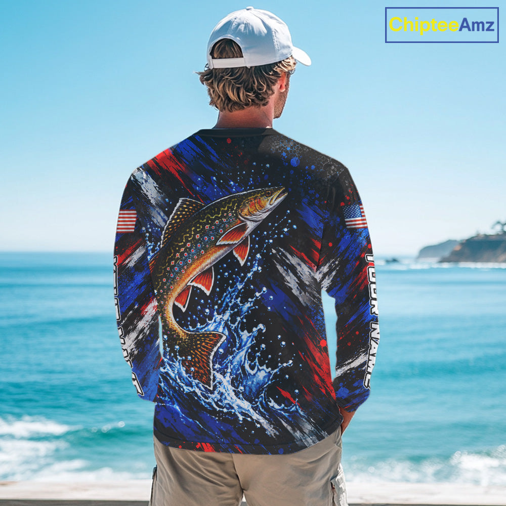 Brook Trout Fishing Shirt Custom US Flag Splash Water Long Sleeve Apparel