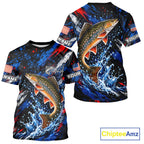 Brook Trout Fishing Shirt Custom US Flag Splash Water Short Sleeve Apparel