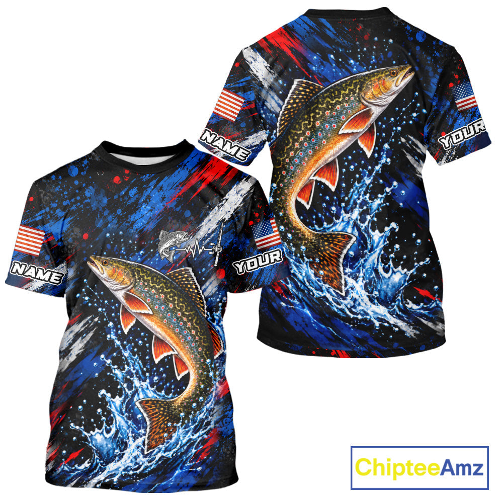 Brook Trout Fishing Shirt Custom US Flag Splash Water Short Sleeve Apparel