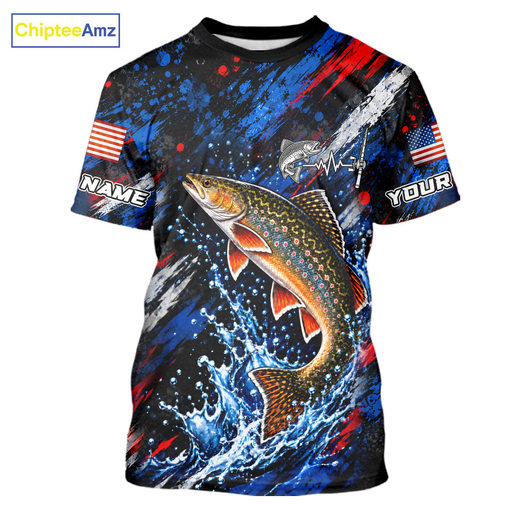 Brook Trout Fishing Shirt Custom US Flag Splash Water Short Sleeve Apparel