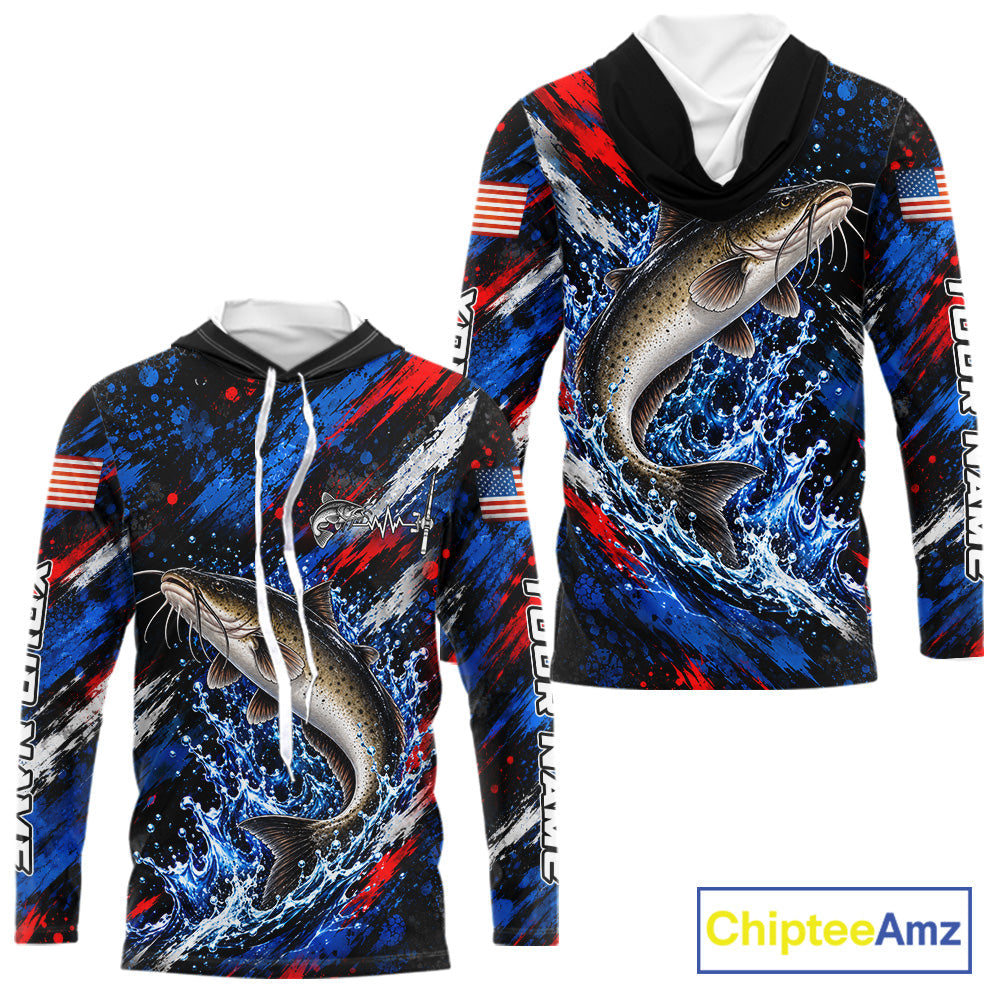 Catfish Fishing Shirt Custom US Flag Splash Water Long Sleeve Hooded Apparel