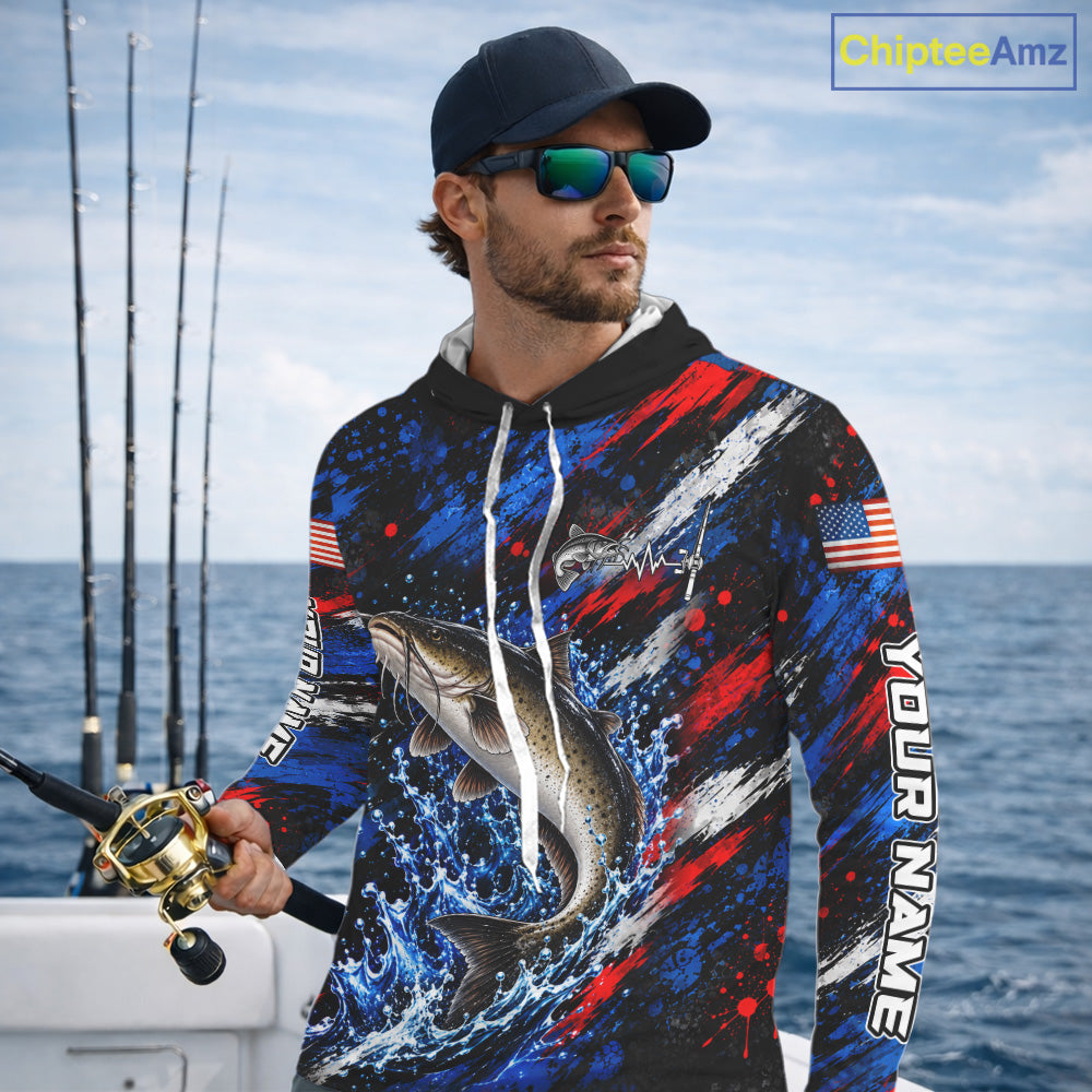 Catfish Fishing Shirt Custom US Flag Splash Water Long Sleeve Hooded Apparel