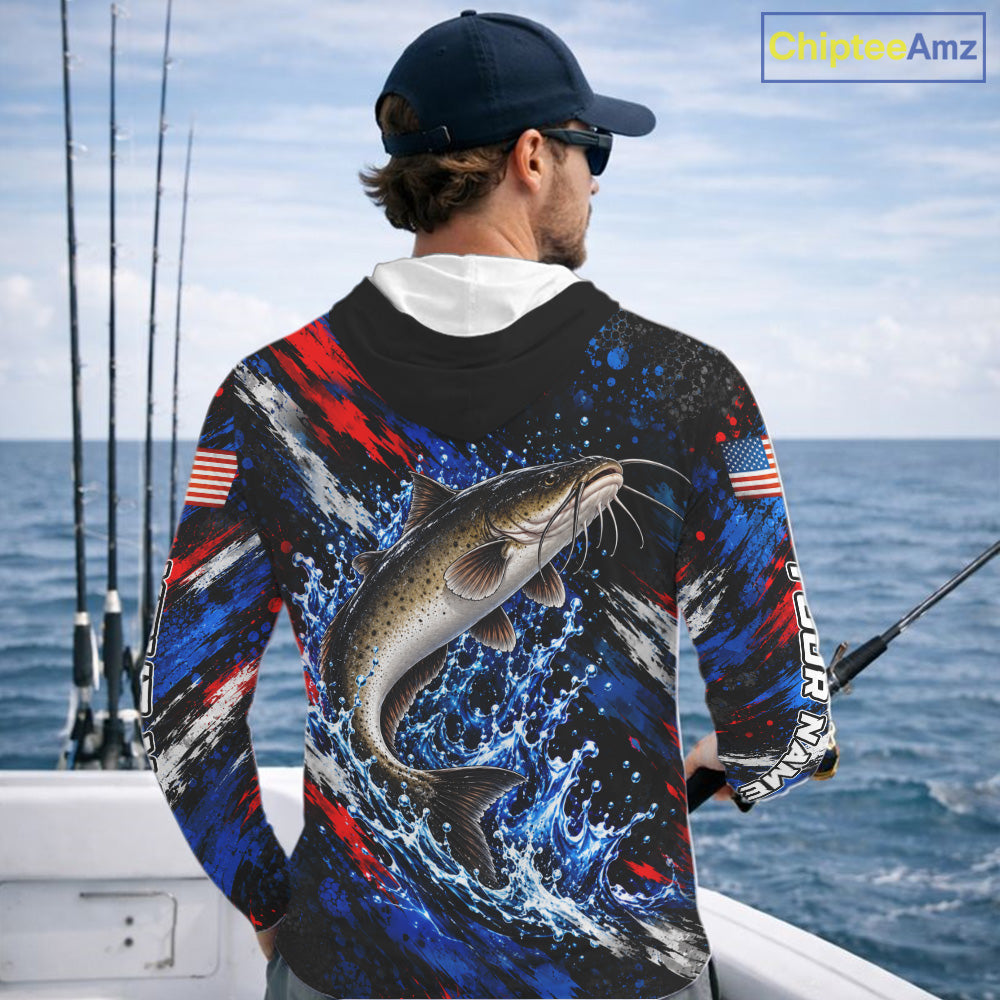 Catfish Fishing Shirt Custom US Flag Splash Water Long Sleeve Hooded Apparel