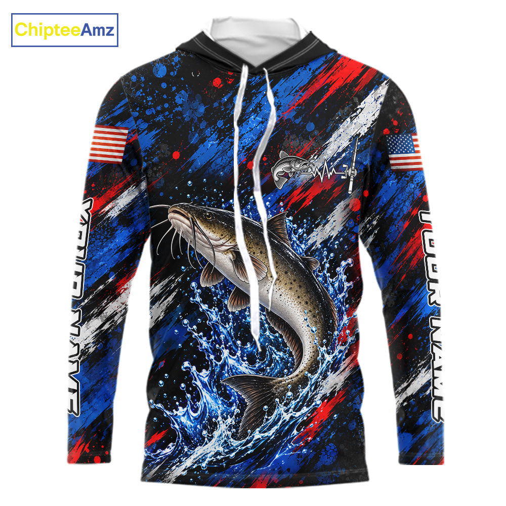 Catfish Fishing Shirt Custom US Flag Splash Water Long Sleeve Hooded Apparel