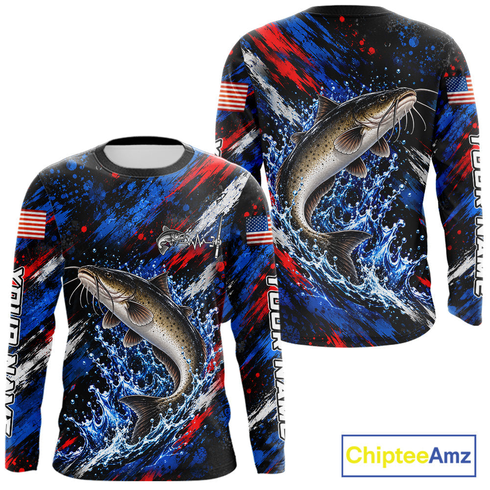 Catfish Fishing Shirt Custom US Flag Splash Water Long Sleeve Apparel