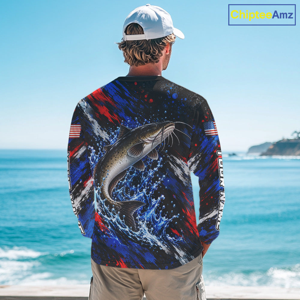 Catfish Fishing Shirt Custom US Flag Splash Water Long Sleeve Apparel